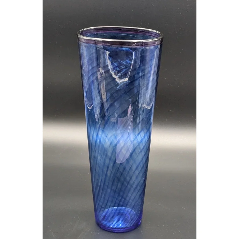 Curtiss Brock Studio CB Glass Blue Purple Spiral Swirl Optic Vase 14.25